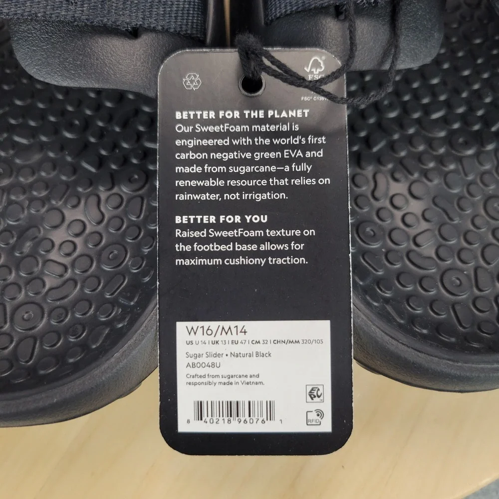 Allbirds Sugar Slider Mens Size 14 Black Sustainable SweetFoam Adjustable‎ Strap